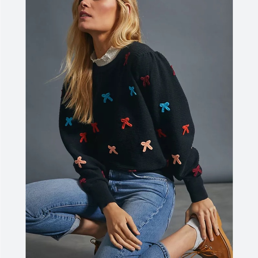 Zara Black Sweater with Colorful Bows NWOT